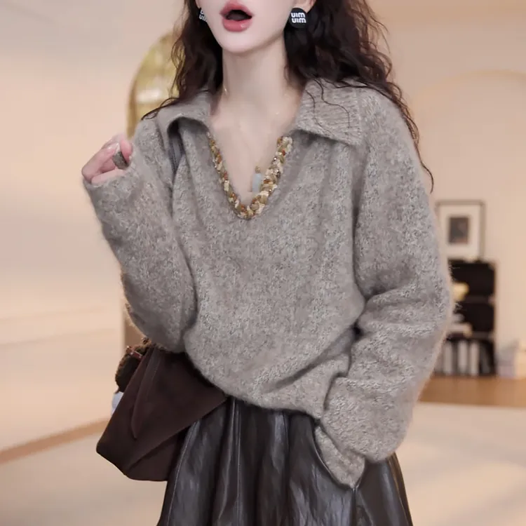 重工编织翻领毛衣女春秋2026新款复古长袖宽松显瘦百搭时尚针织衫