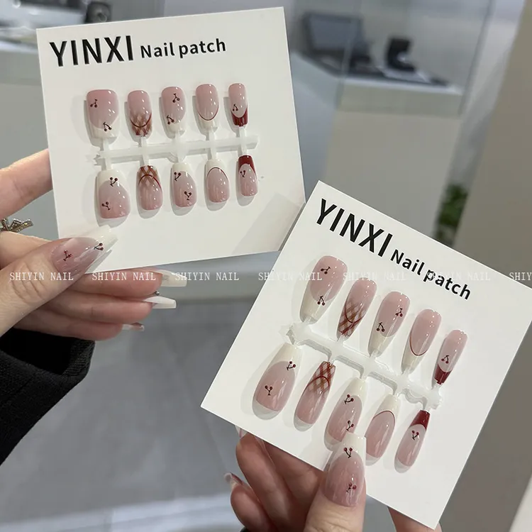 YO-88预制款樱桃格纹法式穿戴美甲新款中方ins风甜美小清新甲片