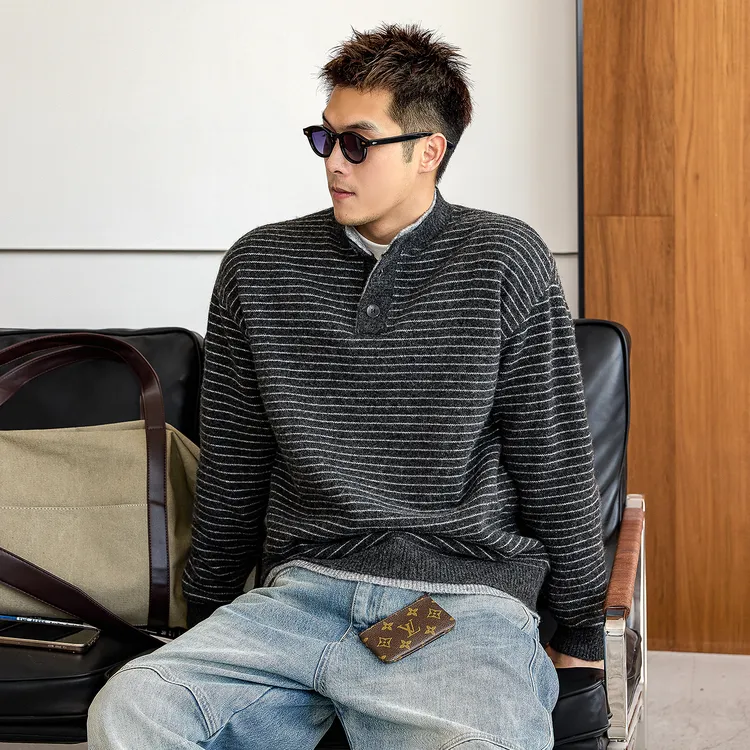 Aft studio【羊毛混纺 毛绒条纹】大码毛衣冬季保暖内搭针织衫上衣