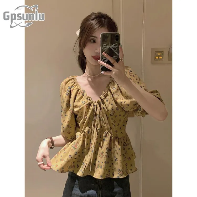 gpsunlu系带领碎花衬衫女设计感小众法式甜美收腰短款泡泡袖上衣
