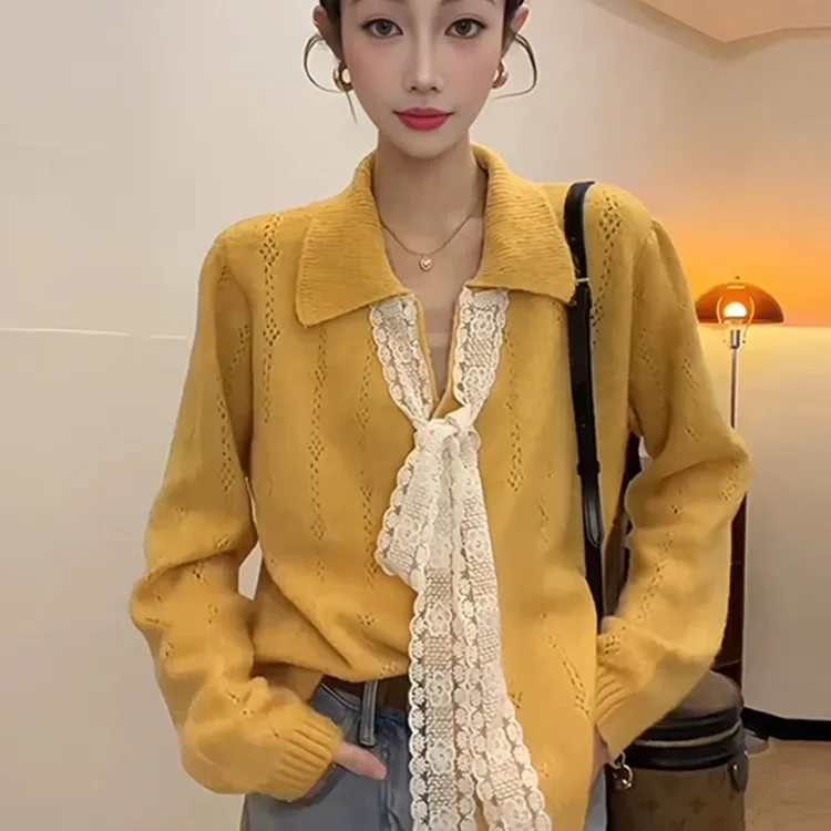 法式V领蝴蝶结系带纯色翻领毛衣女秋冬韩系穿搭慵懒风针织衫上衣