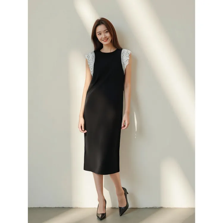 【TK】飞袖撞色拼接蕾丝花边百搭无袖圆领宽松版型连衣裙HCZW651894