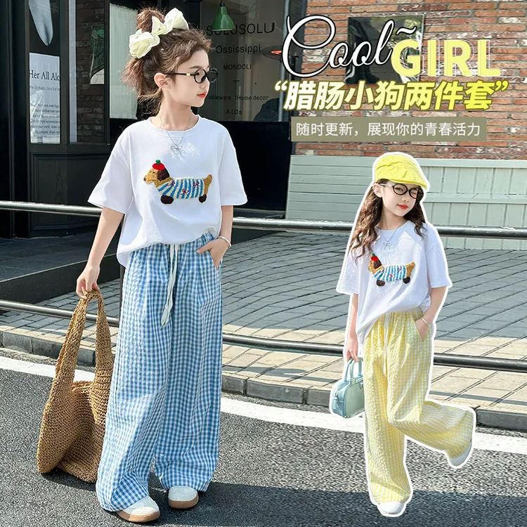 女童夏季韩版腊肠狗短袖T恤格子裤套装女孩时髦儿童夏装潮3-8岁12