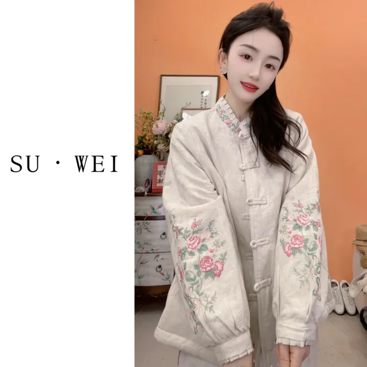 6230中式国风立领亚麻天丝木耳领加棉刺绣冬季女士棉衣外套