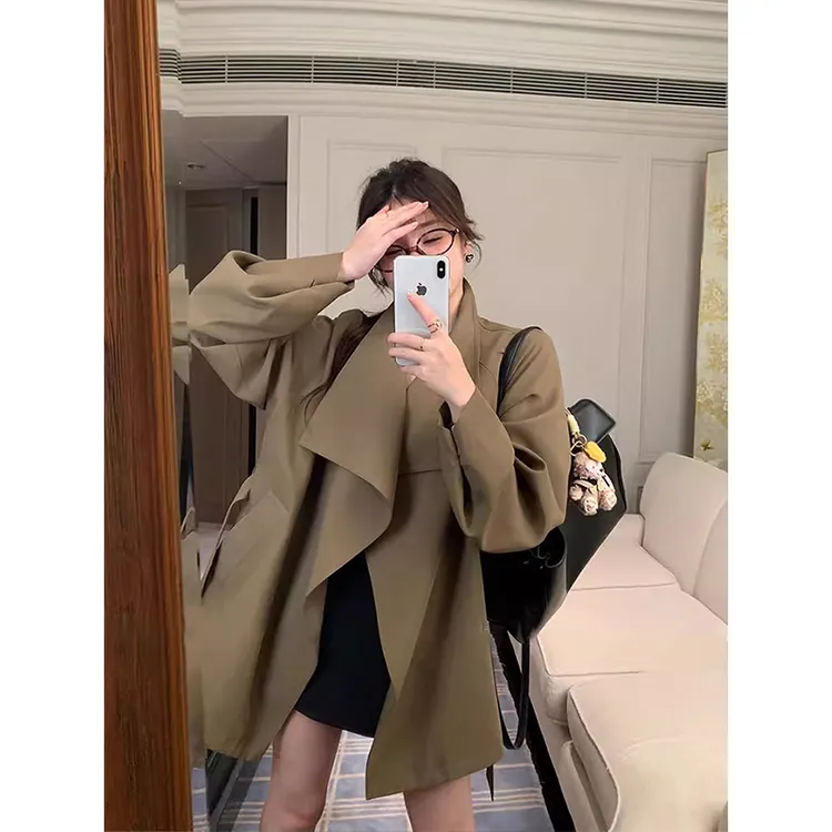 韩系立领宽松长袖风衣外套女2025新款秋季收腰显瘦高级感气质上衣