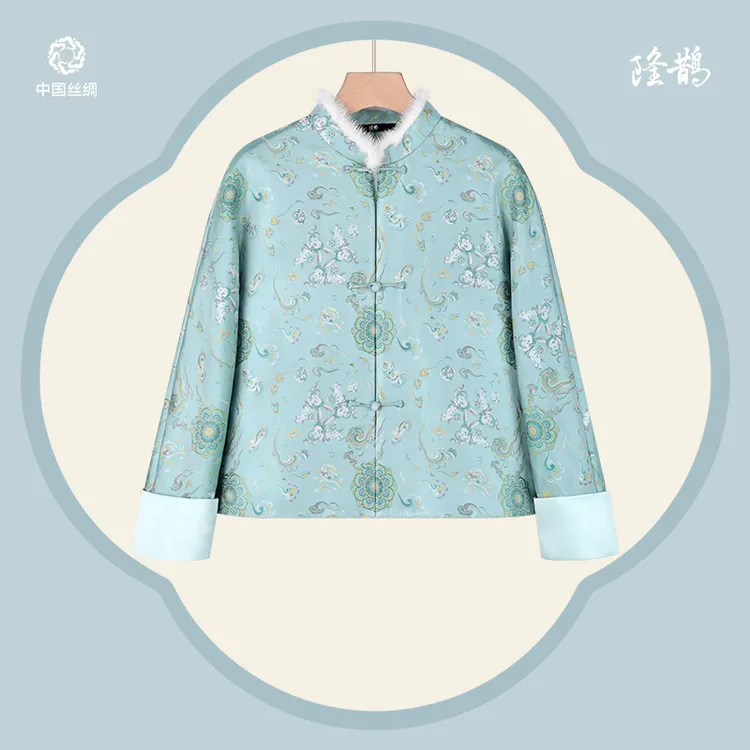 中国丝绸隆鹊『三兔织梦』宋锦浅蓝棉外套新中式国风冬款女装日常