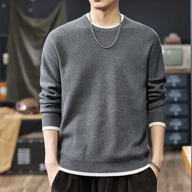 MR.MUDI/穆迪先生美式复古撞色假两件针织毛衣男冬季保暖内搭毛衫