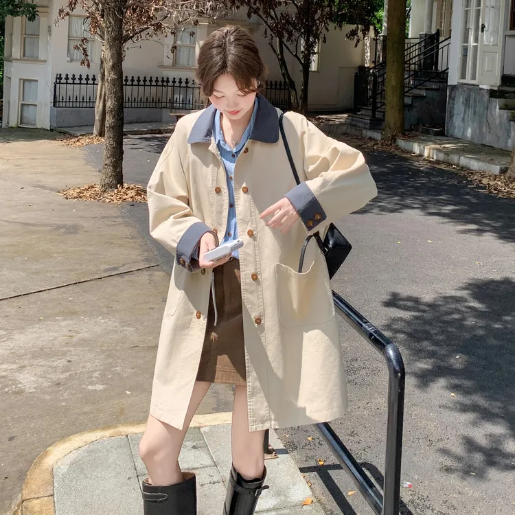 巨好看的韩版双排扣风衣外套女2025春秋新款休闲撞色翻领chic大衣