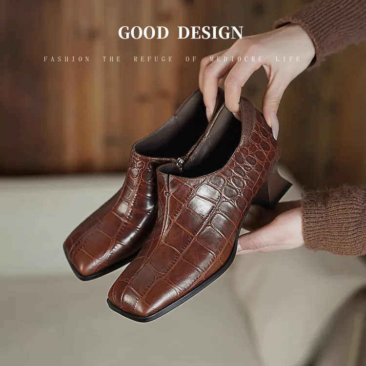 【萌萌定制】2026新款深口简约增高方头早春季单鞋粗跟棕色黑色爆款