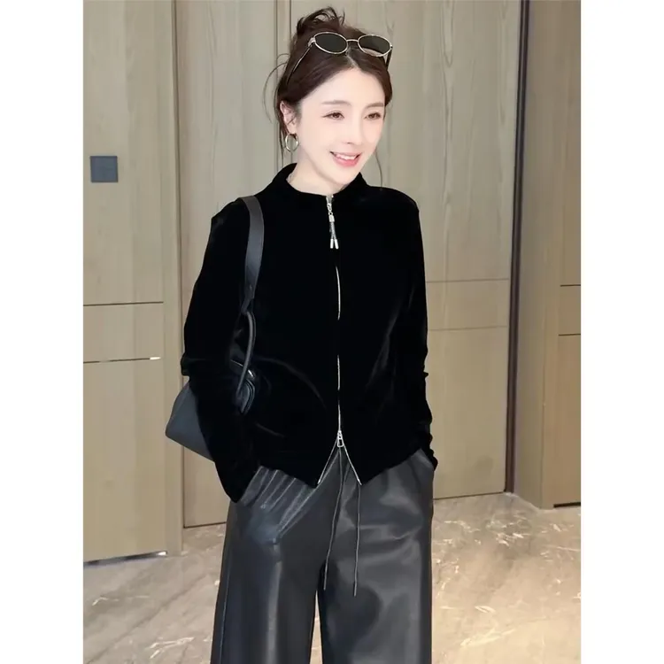 修身显瘦金丝绒短外套女长袖秋季新款时尚百搭双拉链开衫上衣