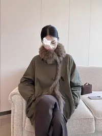 Y85区862军绿色加绒休闲大毛领直下摆常规款翻领羽绒服