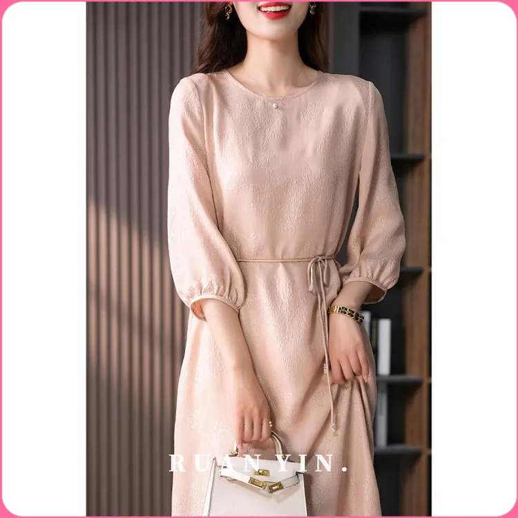 RUAN YIN优雅气质提花真丝连衣裙女2025新款桑蚕丝系带收腰中长裙