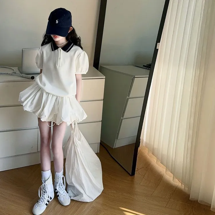 女童时尚中大童夏季公主裙学院风新款宽松裙子夏季翻领短袖韩板潮