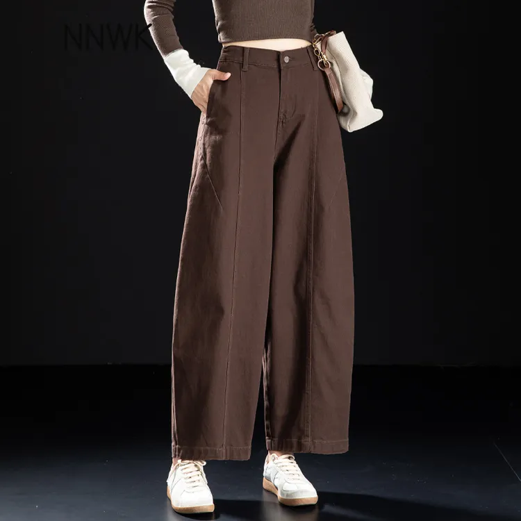 小个子弯刀牛仔裤女2025新款秋冬棕咖色裤子加绒加厚九分气球裤女