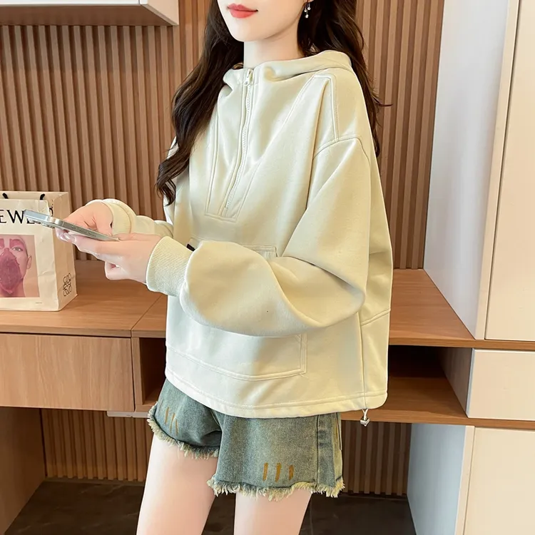 早秋季半拉链连帽卫衣女2025爆款宽松慵懒风设计感小众炸街上衣潮
