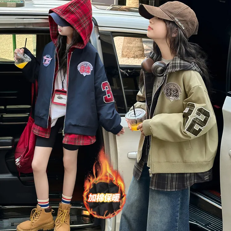 女童秋冬夹棉假两件棒球服2025新款大童秋装儿童冬季连帽二棉外套