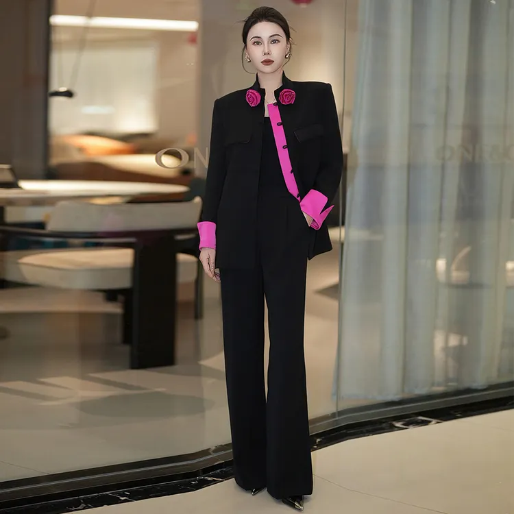 气质女神西装两件套高级感拼接撞色国潮风显瘦上衣高腰垂感阔腿裤