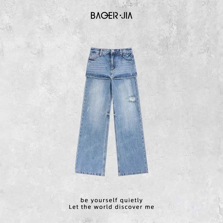 26-【罗马裤】宝儿家含幂BC65425101早春穿搭假两件破洞直筒牛仔裤