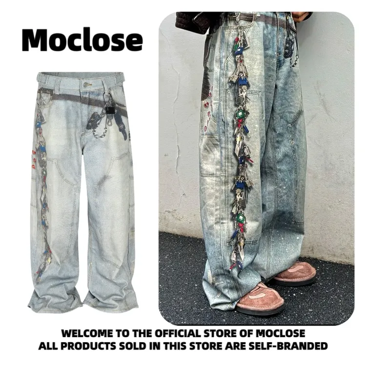 Moclose 美式复古多钥匙链爱心数码印花男女款宽松直筒拖地牛仔裤