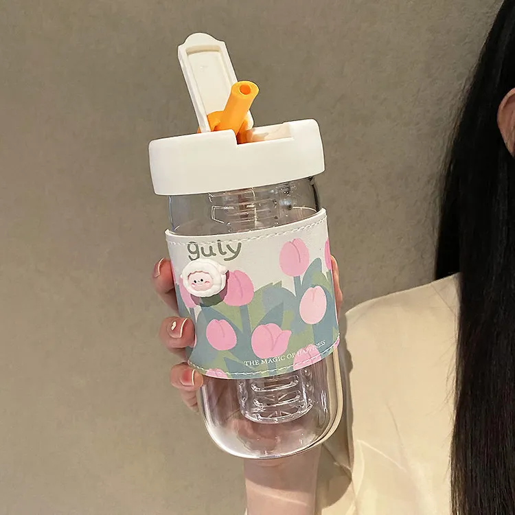 郁金香水杯大容量夏季女生高颜值吸管杯子泡花茶玻璃夏天杯子