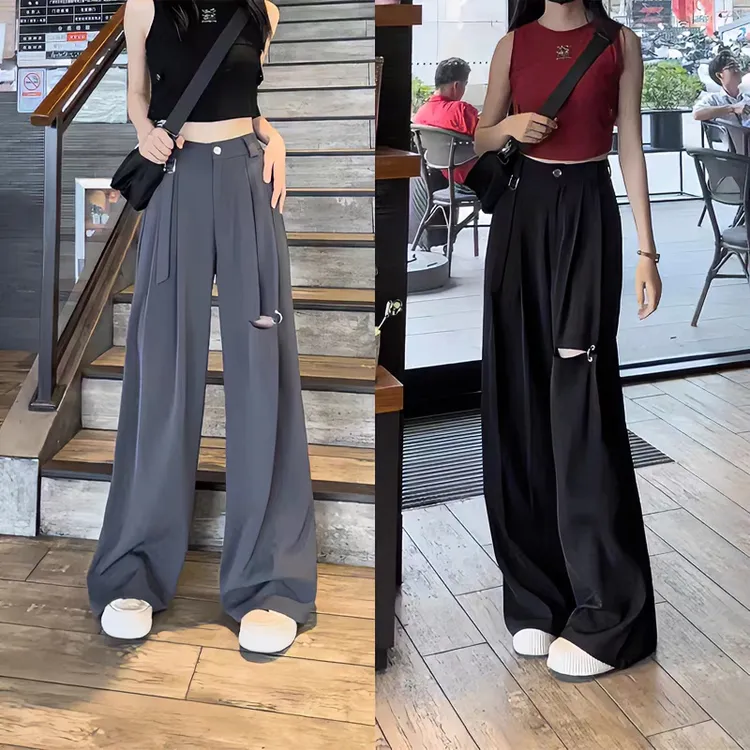 2025夏季新款时尚破洞设计感西装裤女高腰宽松显瘦垂感直筒阔腿裤