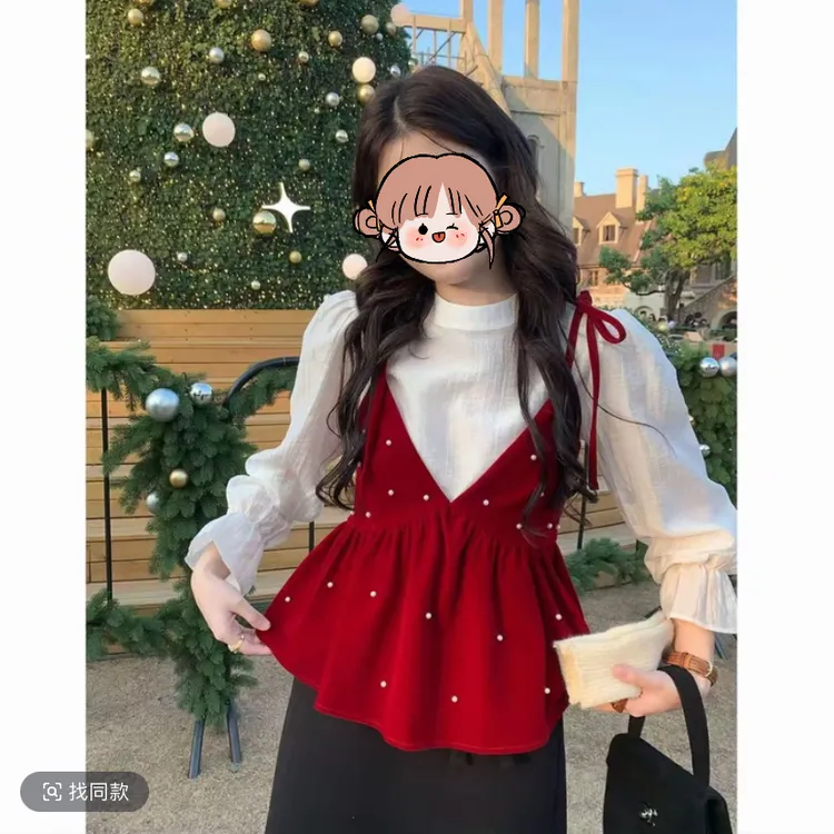 Bai大码【栖夕里】韩系珍珠v领丝绒吊带上衣半身裙251398*251395