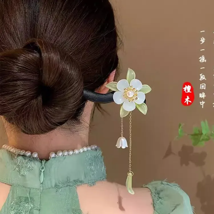 檀木流苏发簪女童盘发木簪子新中式花朵发钗发饰古风旗袍汉服头饰