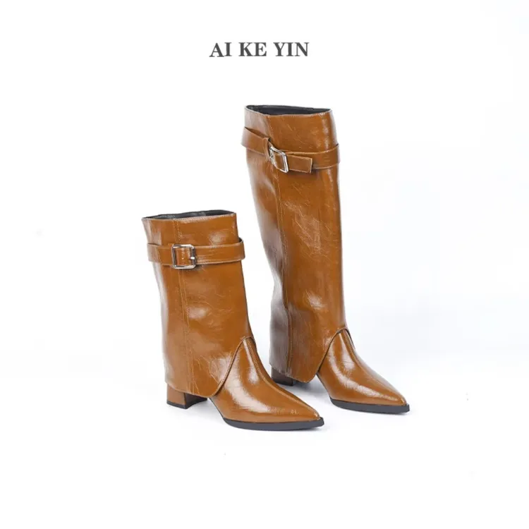 【艾珂茵】秋冬新款尖头后拉链金属扣薄绒时装靴三件套气质百搭方根