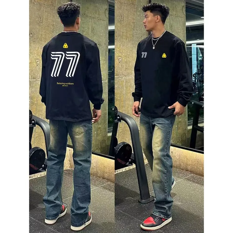 260g重磅纯棉长袖男女同款秋季宽松圆领美式T恤高街77印花打底衫