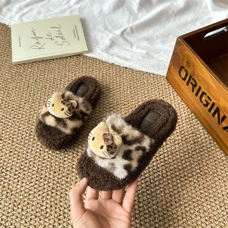 可爱卡通kitty豹纹毛毛拖鞋女童外穿2025秋冬季新款居家棉拖鞋