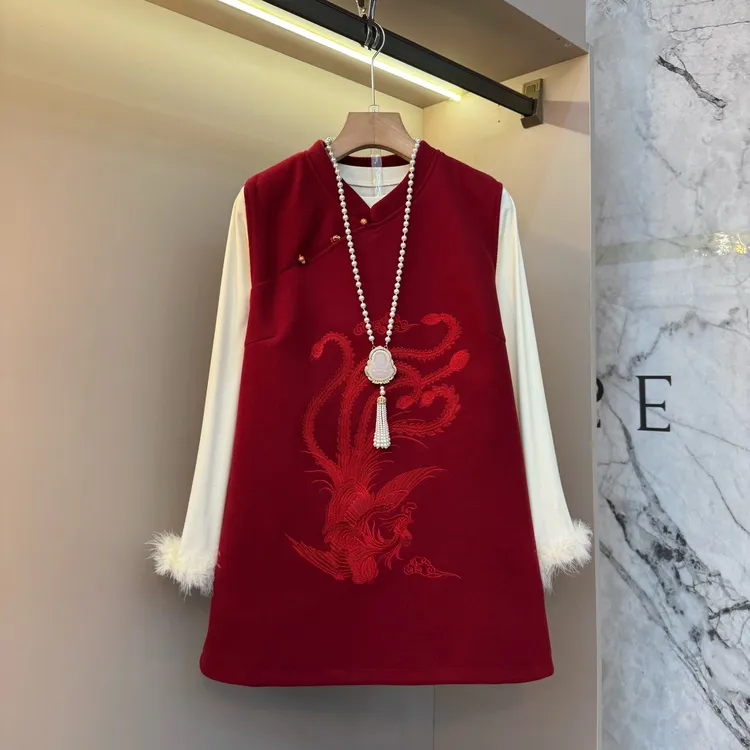 2025气质新中式复古大码洋气轻奢毛袖内搭+刺绣马甲裙套装5087