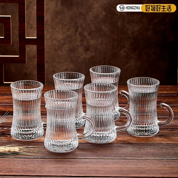 玻璃杯二两白酒洋酒杯复古竖纹浮雕玻璃杯欧式咖啡杯带把手喝水杯
