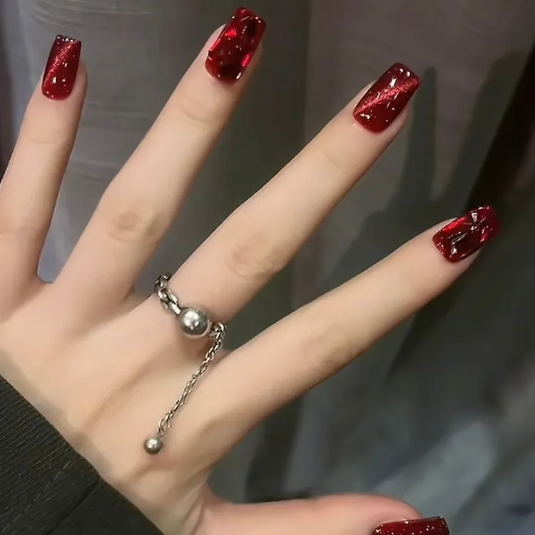 美甲穿戴甲短中长款甲片穿戴美甲红色猫眼秋冬手工穿戴甲指甲贴片