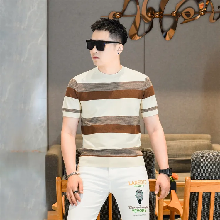 2025秋季新款男士针织衫短袖圆领条纹商务休闲上衣欧货5852