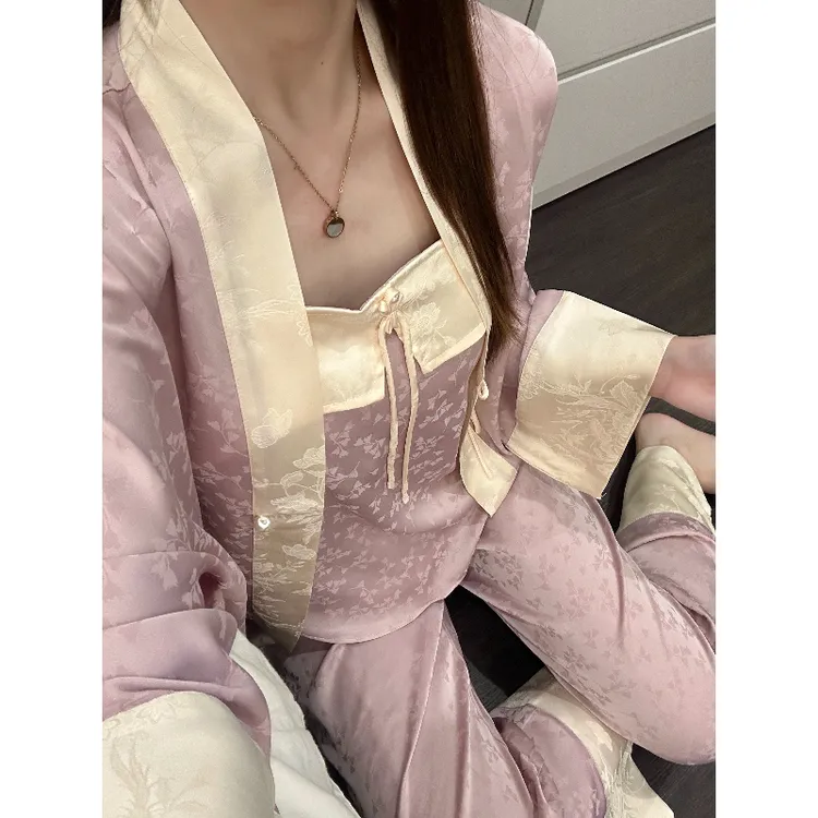 复古新中式紫色提花冰丝吊带睡衣女春秋季新款开衫长裤家居三件套