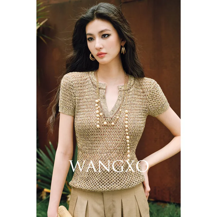 WANGXO  镂空混色金葱珠片纱上衣253530W