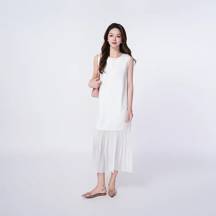 CsyX2"半融雪"新款亚麻拼接白色气质无袖连衣裙CZ5XL024