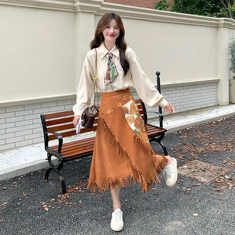氛围感法式油画印花套装裙女2025秋季巨好看洋气衬衫半身裙两件套