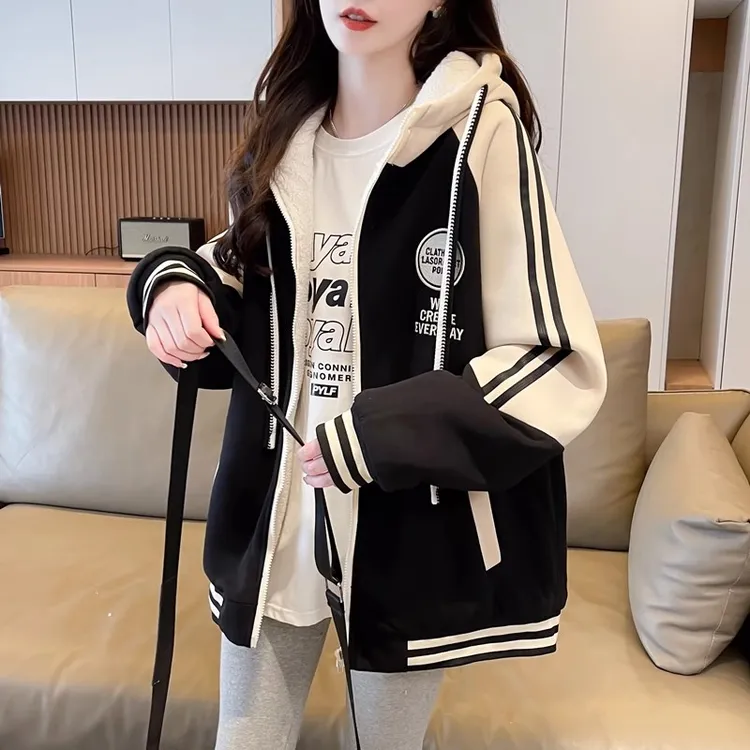 加绒加厚棒球服女冬季棉服初高中学生宽松休闲大码连帽卫衣外套潮