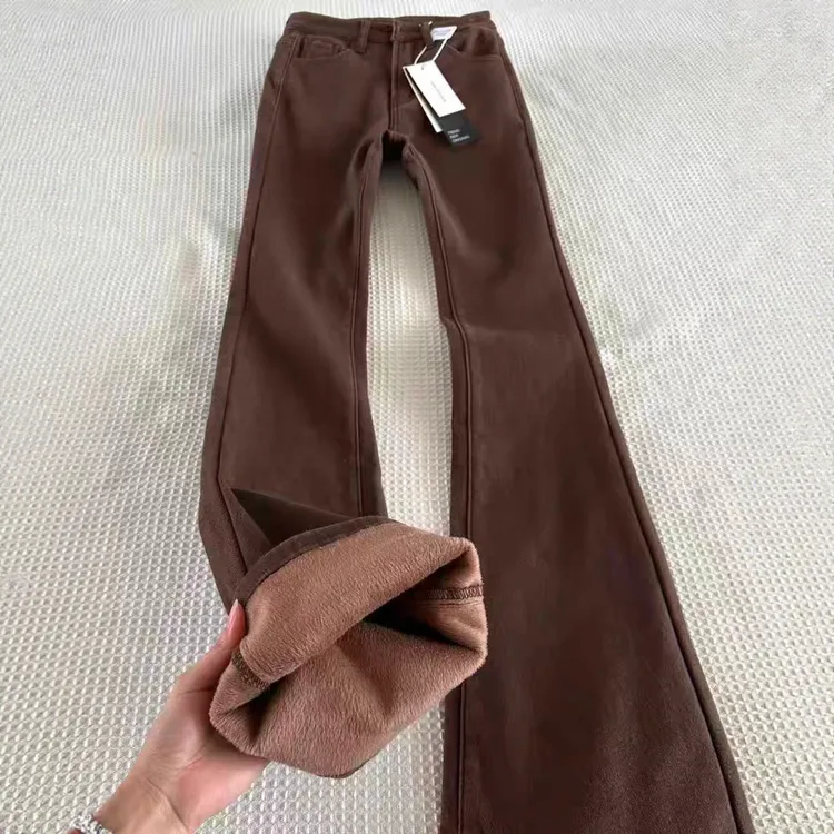 美拉德咖啡色加绒加厚微喇牛仔裤女冬大码胖mm弹力显瘦喇叭马蹄裤