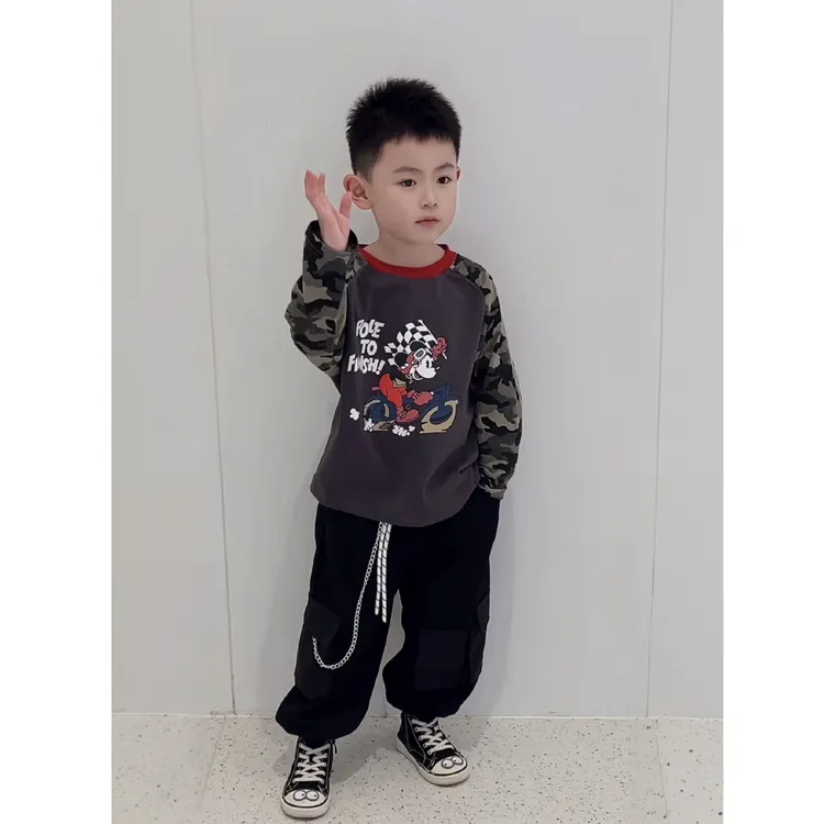 男童秋季套装新款迷彩拼接百搭帅气印花中小童套装休闲两件套TT