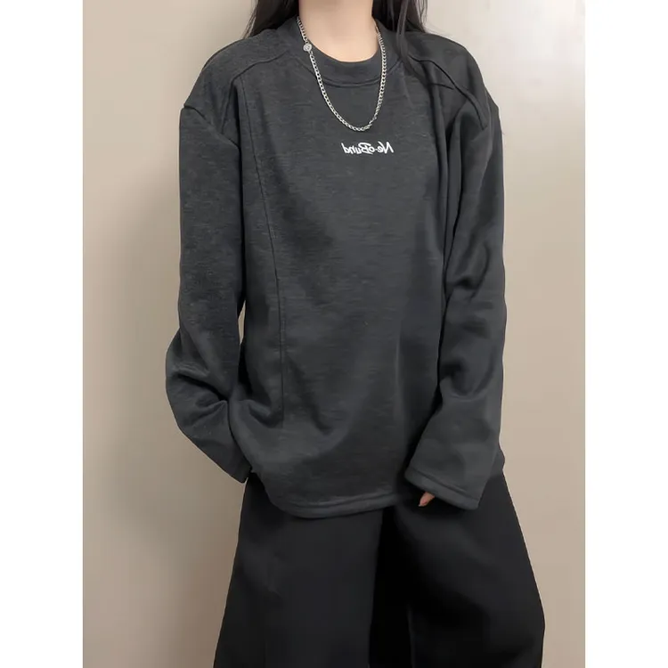 加绒加厚德绒打底衫男生秋冬上衣休闲百搭字母刺绣保暖圆领卫衣男