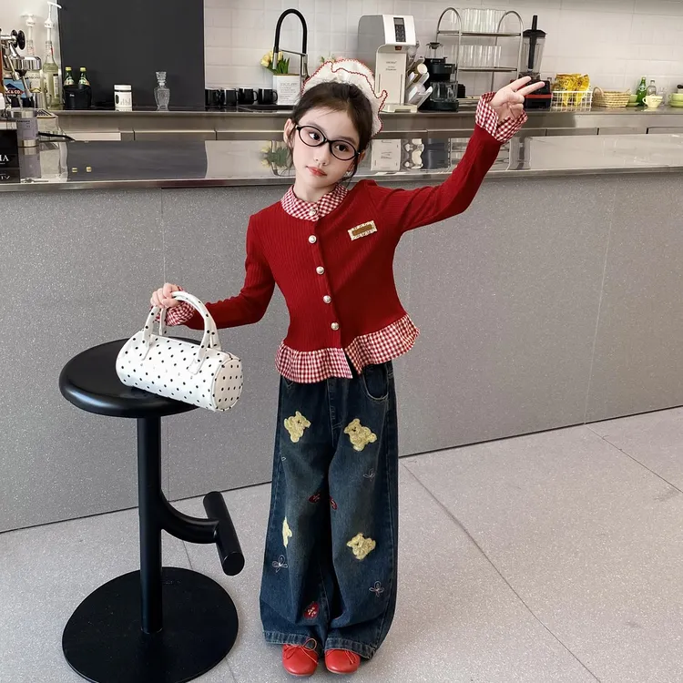 女童春秋套装2025新款儿童针织开衫直筒牛仔裤两件套女孩早秋穿搭