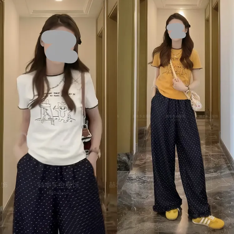 2025夏季时尚洋气设计感印花短袖T恤上衣显瘦百搭波点休闲裤套装