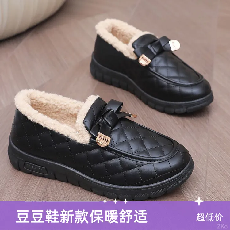 冬季女一脚蹬老北京棉鞋防水软底防滑百搭豆豆鞋加绒时尚女棉鞋