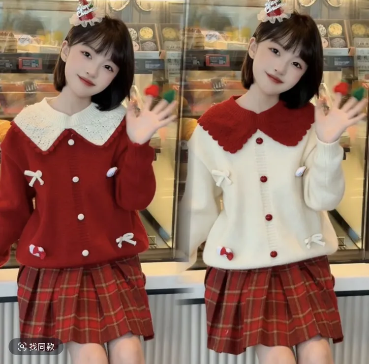 女童加厚套装裙子秋冬年服毛衣新款中大童冬装红色内搭上衣百褶裙