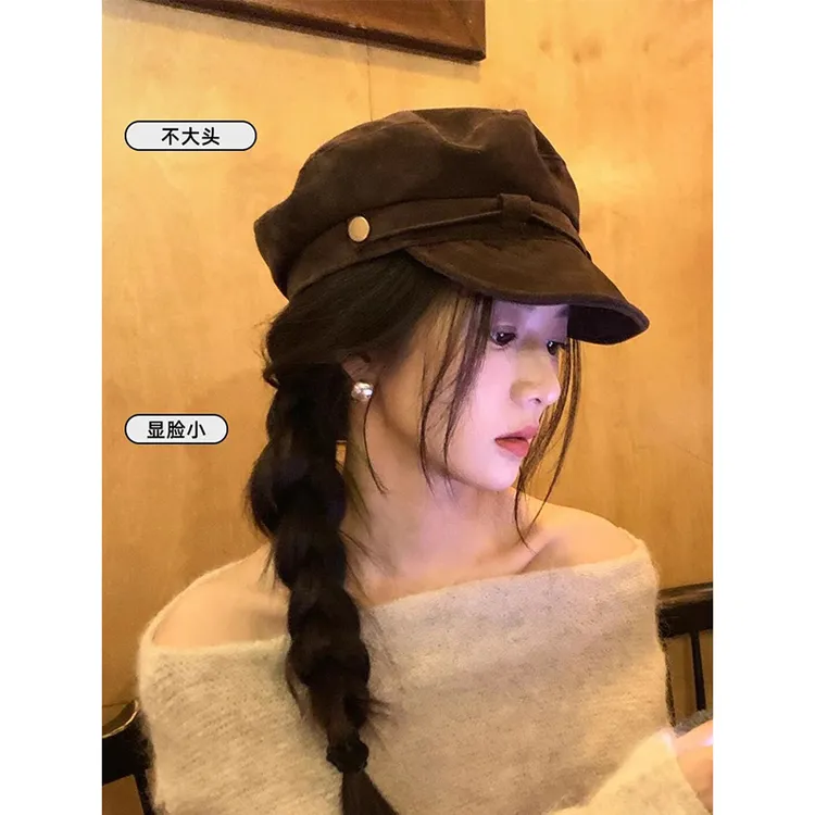 法式平顶八角帽女秋季2025新款复古英伦风显脸小报童咖色贝雷帽子