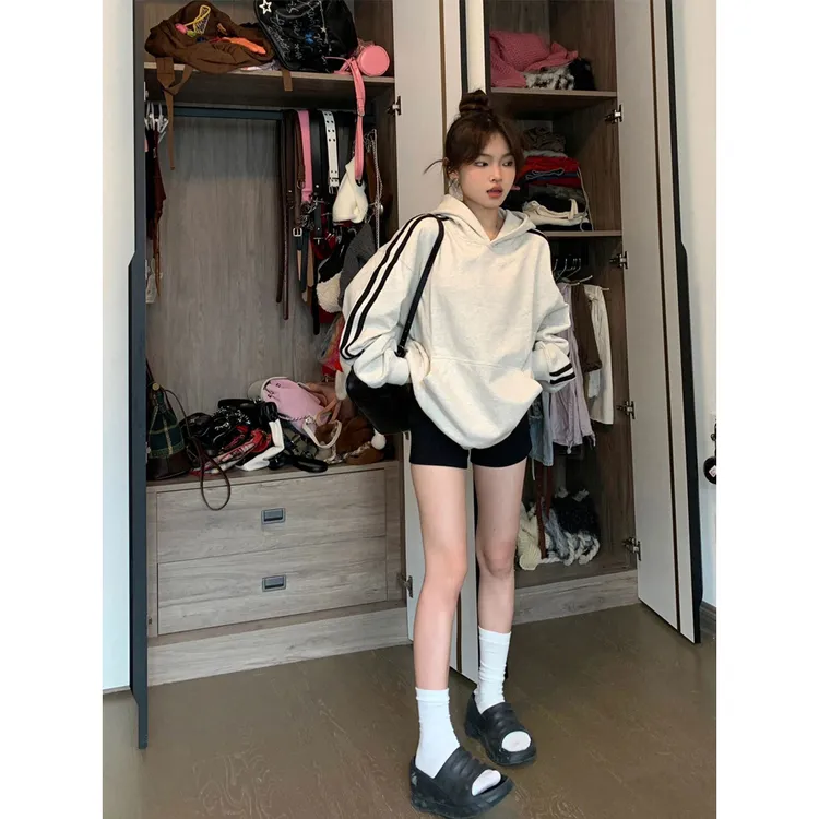 美式复古连帽卫衣女秋季2025新款设计感撞色条纹oversize薄款外套