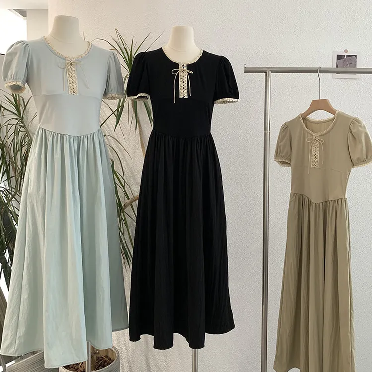 简约纯色花边短袖高腰连衣裙新款韩版中长款A字裙实拍