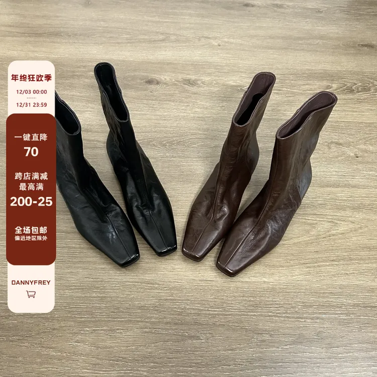 Dannyfrey头层手抓羊皮复古法式方头女秋冬内增高切尔西靴3.5CM